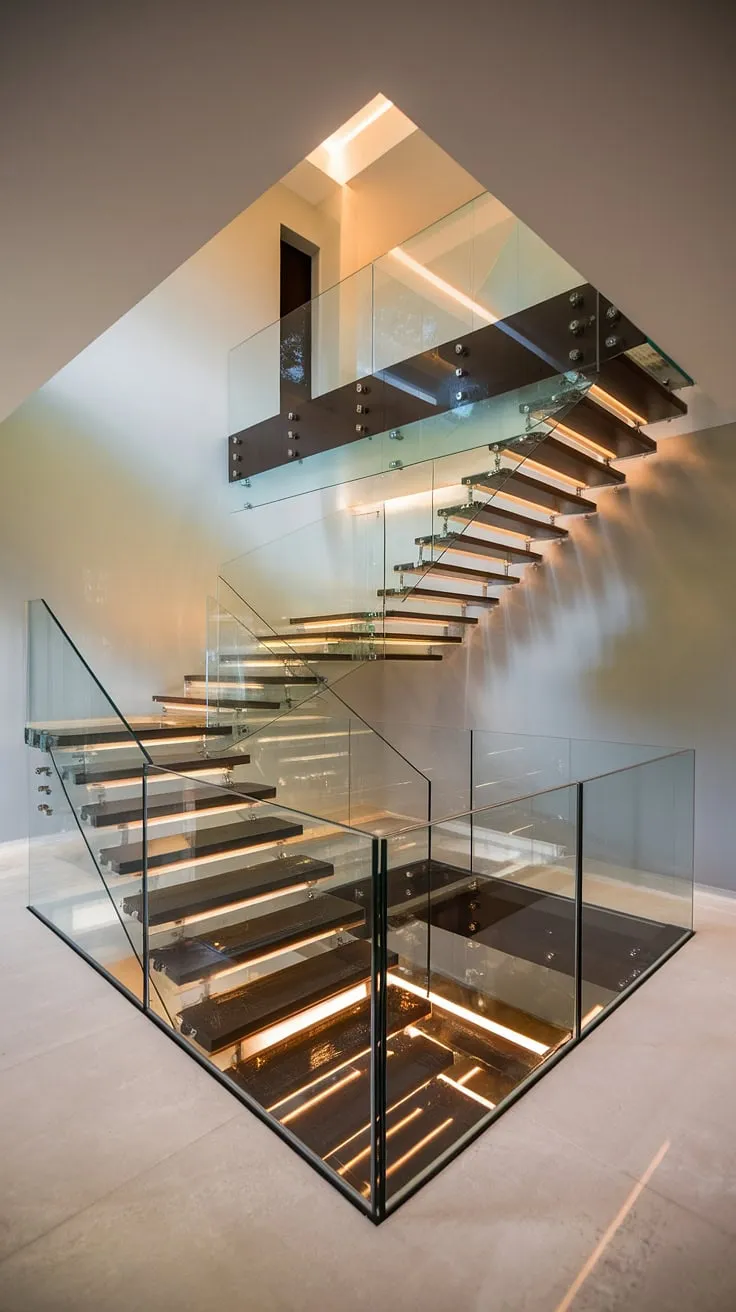 This luxury staircase is a masterpiece of glass stairs design. The innovative use of glass, from the glass staircase itself to the glass staircase railing, creates an airy and sophisticated feel.  The cleverly incorporated stairs landing, acting as a hallway landing, adds architectural interest to this stunning stairs design interior.  The house staircase is beautifully illuminated from below, enhancing its modern appeal.