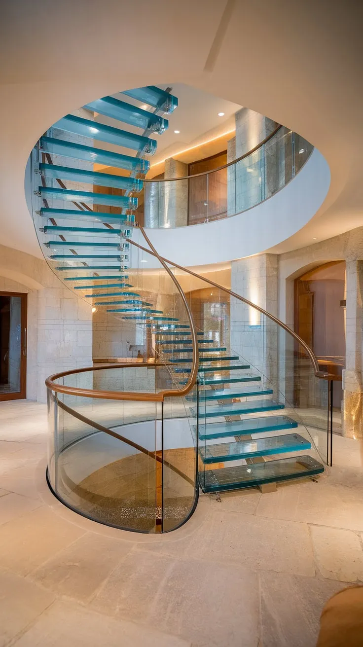 Ascending to elegance: This luxury staircase, a masterpiece of glass stairs design, with its curved glass staircase railing and spacious hallway landing, defines sophisticated stairs design interior.  The house staircase is a breathtaking focal point, showcasing the perfect blend of modern luxury and timeless appeal.