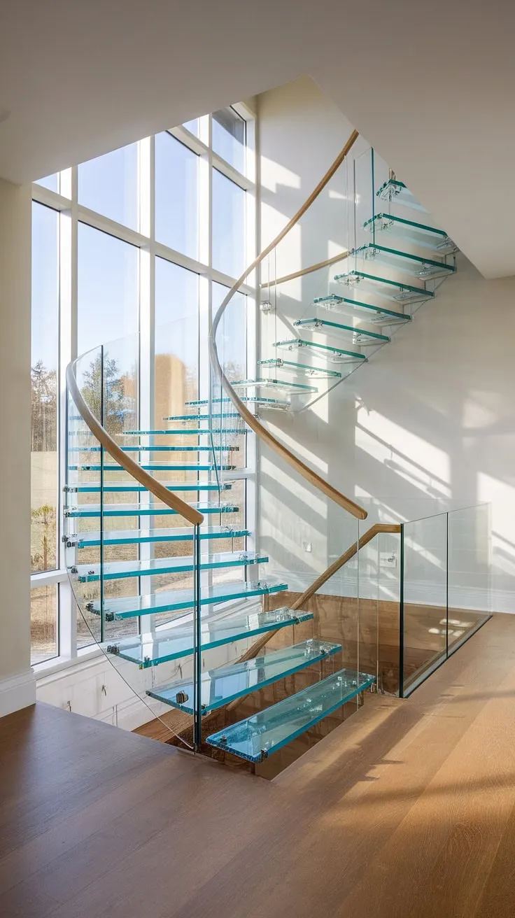 A masterpiece of modern architecture, this house staircase features a show-stopping glass staircase. The innovative glass stairs design and glass staircase railing allow natural light to bathe the stairs landing and hallway landing, transforming this luxury staircase into a work of art.