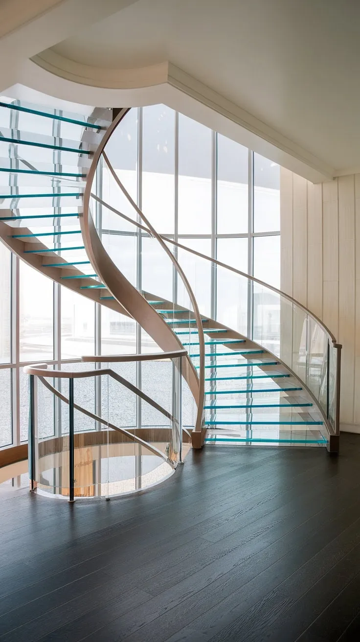 A breathtaking glass staircase, a masterpiece of glass stairs design, gracefully curves its way to a sun-drenched hallway landing.  The minimalist luxury staircase, complete with a sleek glass staircase railing, is the heart of this stunning home's stairs design interior.  The stairs landing offers a tranquil escape, showcasing the impeccable craftsmanship of this house staircase.