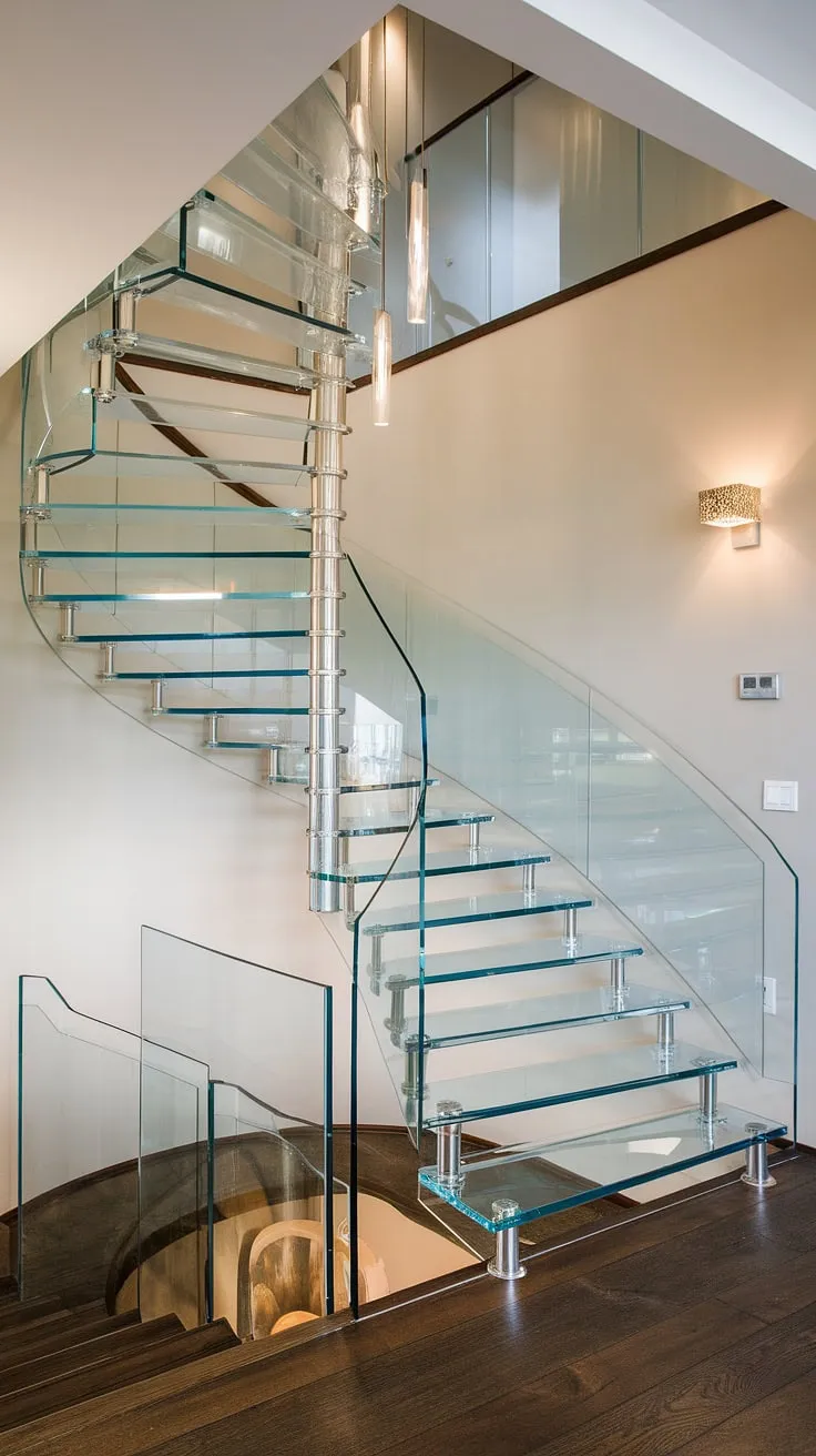 Ascending to modern elegance: This luxury staircase, a masterpiece of glass stairs design, seamlessly connects the hallway landing to a loft space. The glass staircase railing and innovative glass staircase construction create a breathtaking focal point in this stunning home.  The stairs design interior is both functional and visually striking.