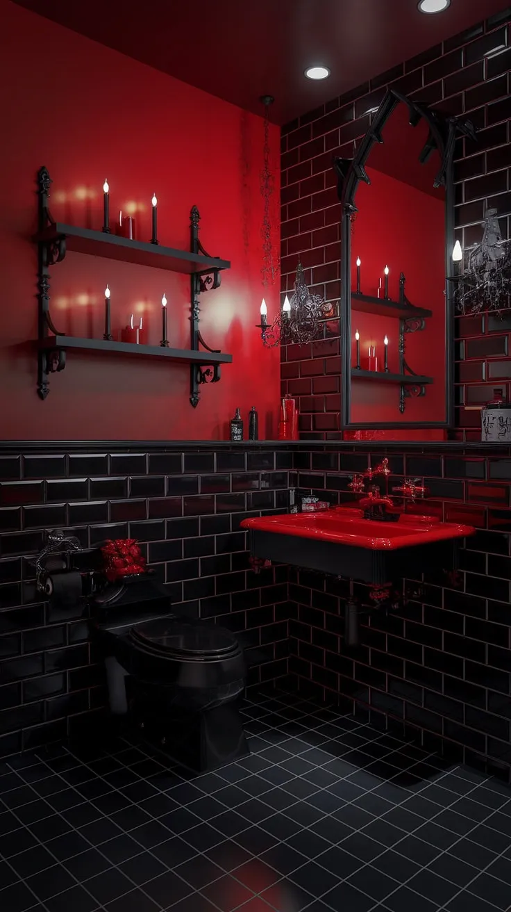A decadent escape awaits. This bathroom, a study in black and blood-red, offers a darkly romantic retreat. A place where the veil between worlds thins, and the night holds its breath.
