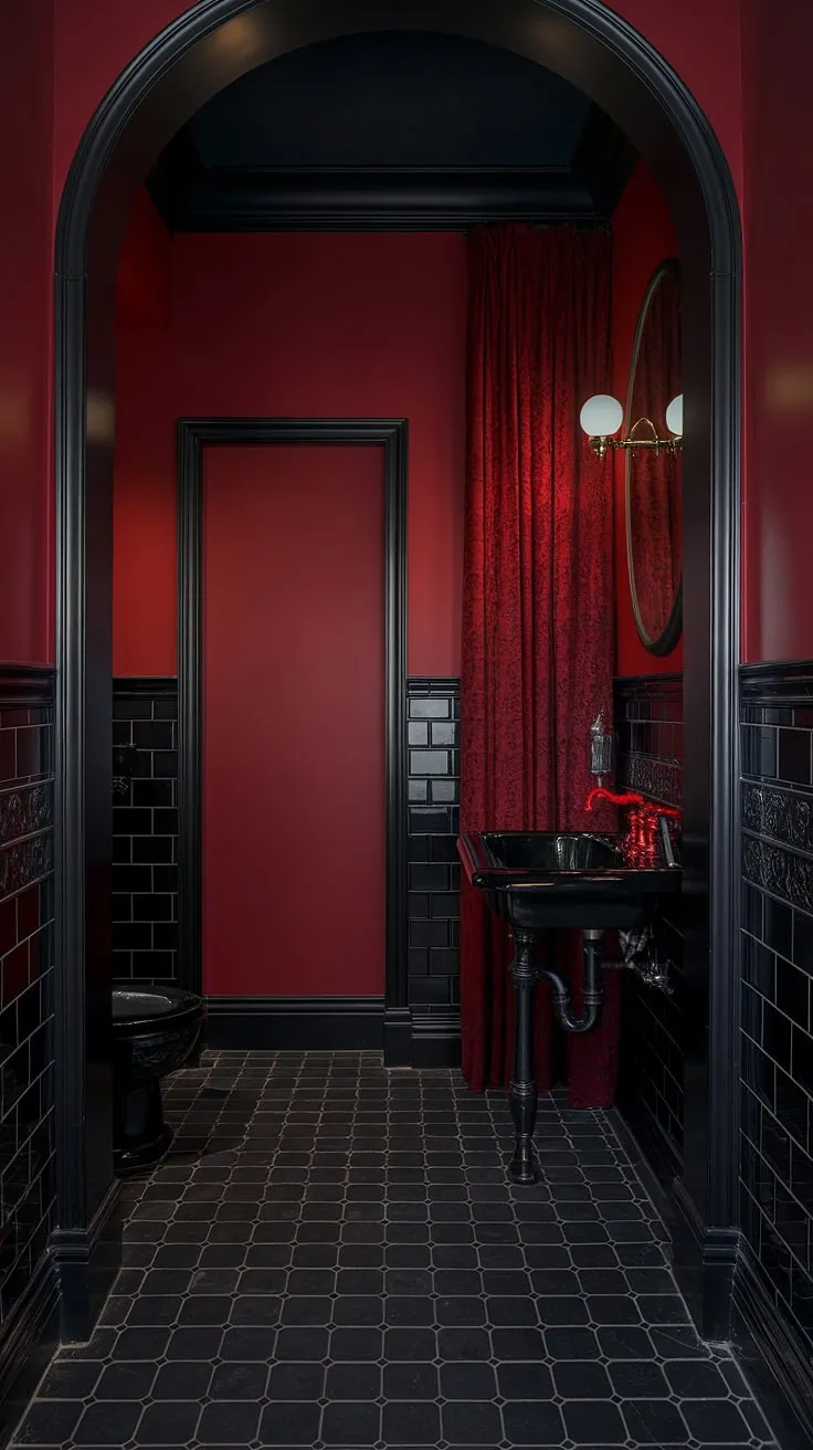 Indulge in the darkly decadent allure of this gothic sanctuary. The crimson accent wall, black fixtures, and stark tile floor create a space of brooding elegance, a perfect escape for the soul. A haven of sophisticated darkness.