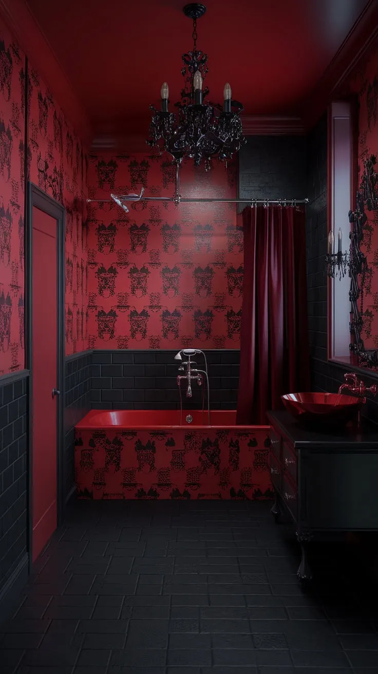 Indulge in the decadent allure of this gothic sanctuary. A crimson bath awaits, its dark artistry mirrored in the patterned walls and black vanity, all bathed in the soft glow of a dramatic chandelier. A truly captivating escape.