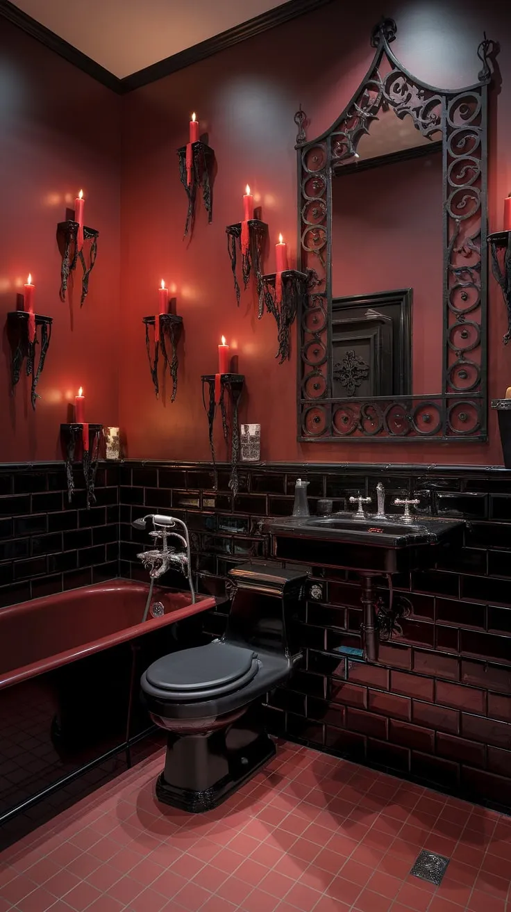 A crimson cascade awaits. Sink into the decadent embrace of this gothic bathroom, where black iron meets blood-red luxury. The perfect setting for a night of reflection, or perhaps, a more sinister indulgence.