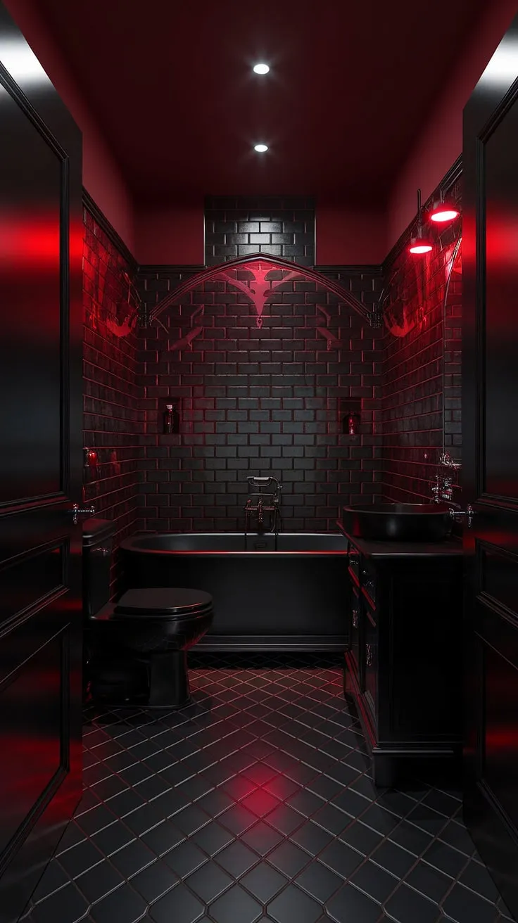 Indulge in the decadent darkness of this gothic sanctuary. Crimson floors meet obsidian walls, creating a haven of brooding elegance where even the bathwater seems to whisper secrets. A crimson glow illuminates the ritual of cleansing, a perfect setting for those who embrace the night.