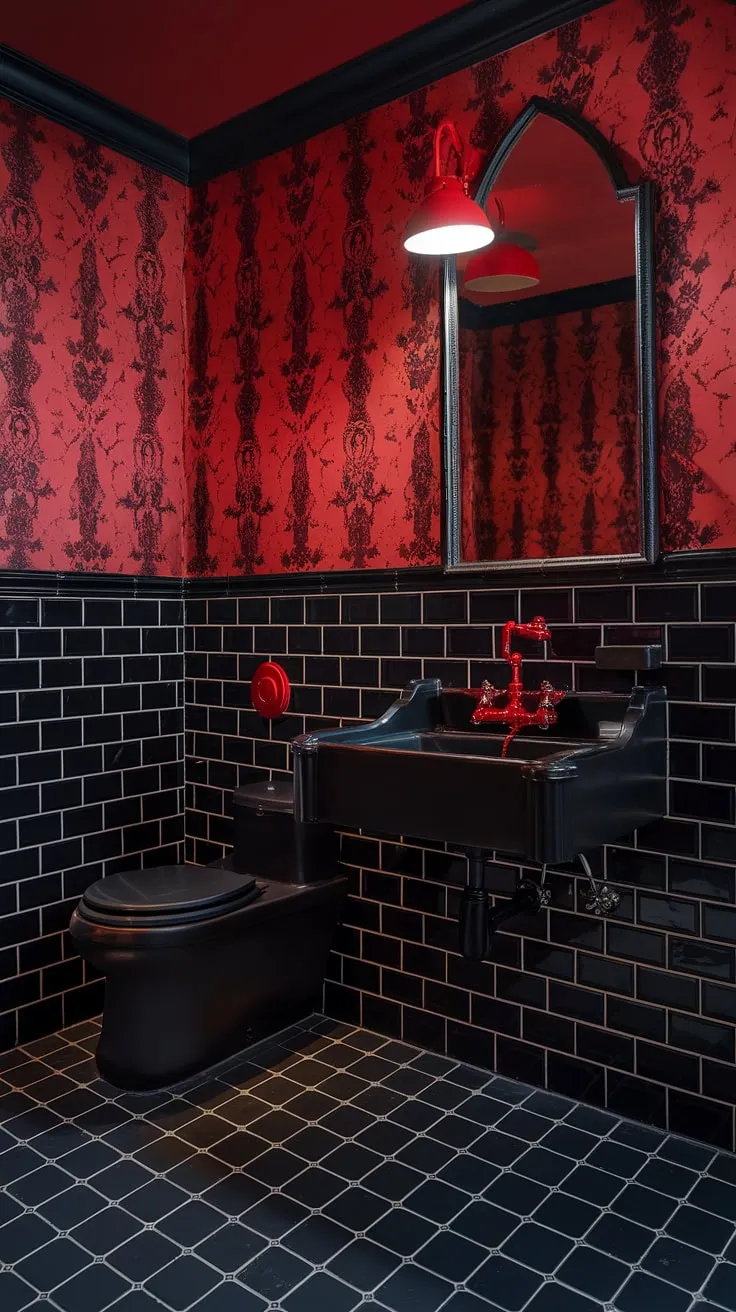 Indulge in the decadent allure of this gothic bathroom. A symphony of black and crimson, the space pulsates with an undeniable vampire aesthetic. The red faucet, a splash of vibrant danger against the black basin, is a detail that speaks volumes. A truly captivating escape, this bathroom is where luxury meets the macabre.