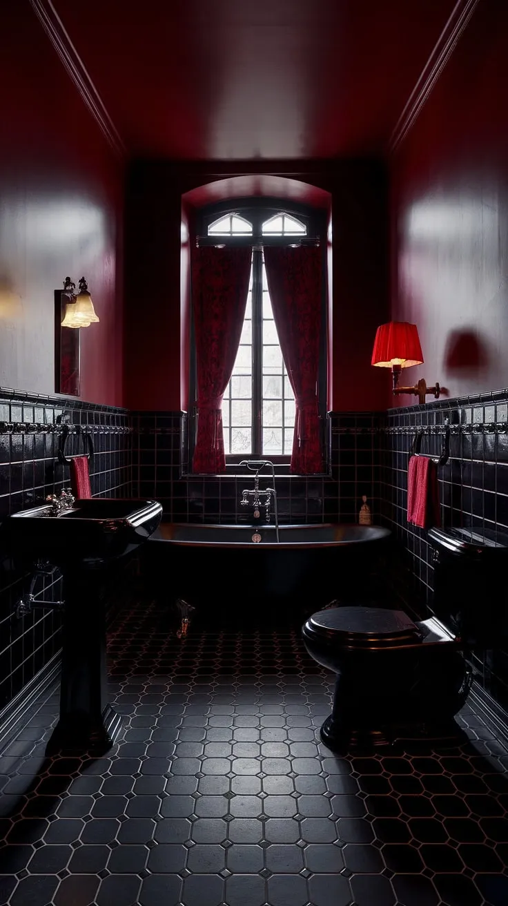 Indulge in the decadent mystery of this gothic sanctuary, where crimson walls whisper secrets and black fixtures gleam under the watchful eye of a single red lamp. The stark black and white tiles beneath your feet only heighten the dramatic allure. A haven of shadows and style, this bathroom is a testament to sophisticated darkness.