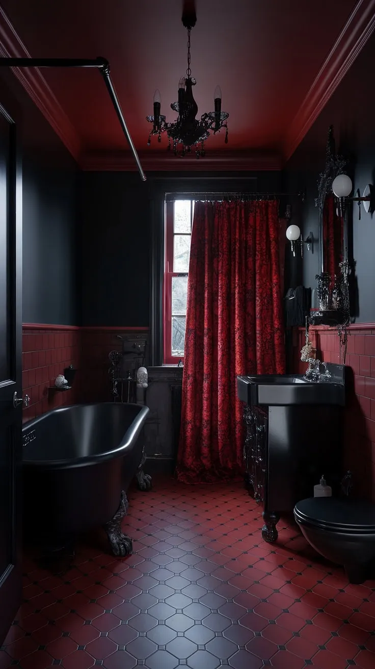 Indulge in the decadent darkness of this gothic sanctuary. A crimson curtain frames the scene, while a black clawfoot tub awaits, promising a soak steeped in mystery. A chilling elegance pervades this space, a testament to the allure of the night.