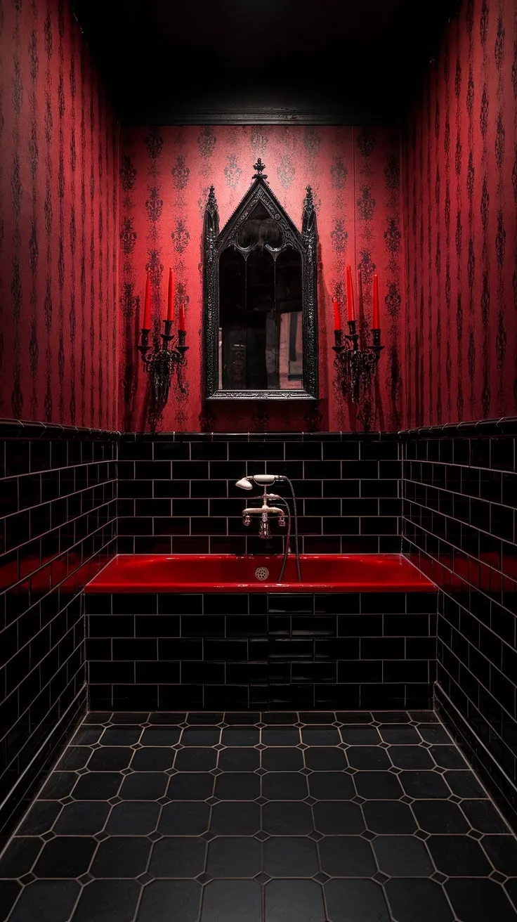 Indulge in the decadent allure of this gothic sanctuary. The crimson walls, black-and-white checkered floor, and dramatic red bathtub create an atmosphere of opulent mystery. A single, flickering candle casts an ethereal glow, enhancing the room's captivating ambiance.