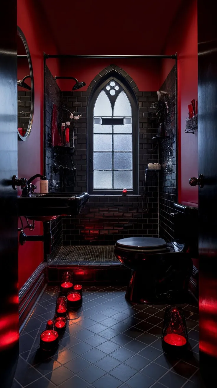 Indulge in the decadent darkness of this gothic sanctuary. The crimson walls and obsidian fixtures create an atmosphere of brooding romance, punctuated only by the flickering candlelight. A haven for those who appreciate the beauty of shadows.