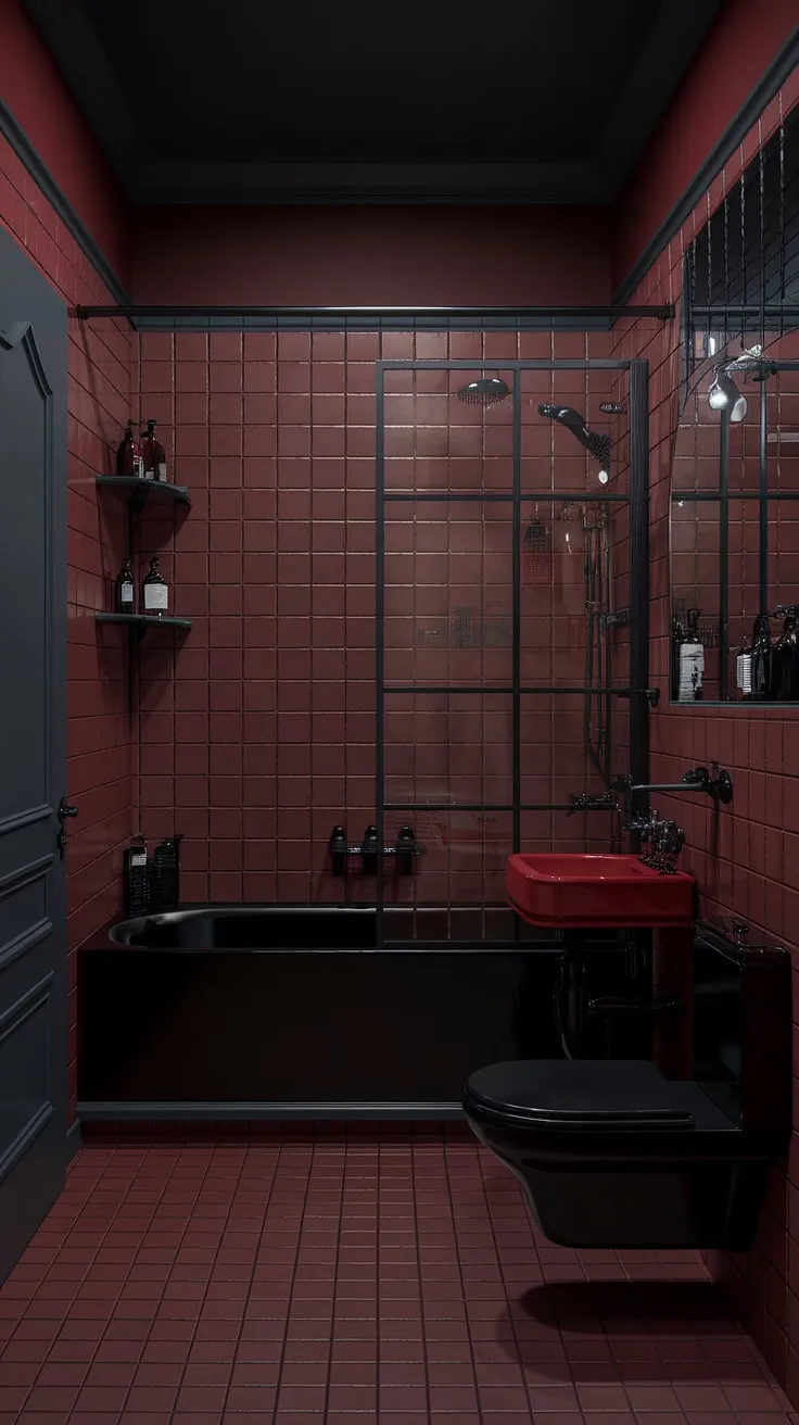 Indulge in the decadent drama of this gothic sanctuary, where crimson tiles meet obsidian fixtures, creating a bathroom experience as captivating as it is luxurious. The deep red sink and black bathtub offer a haven of sophisticated darkness.