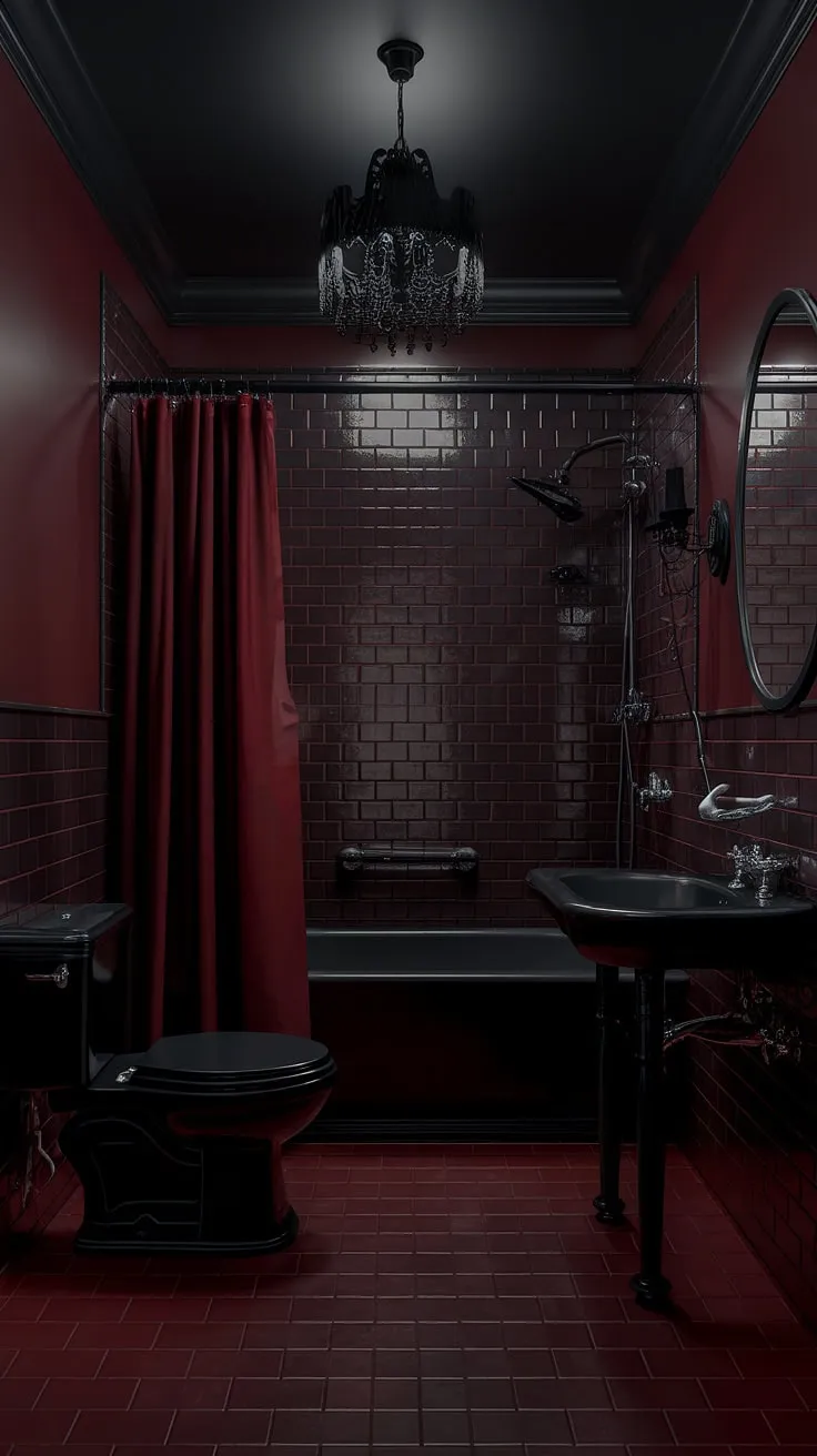 Step into the crimson heart of darkness, where shadows dance and secrets whisper. A sanctuary of gothic elegance, this bathroom is a testament to opulent mystery, a place where the night finds its truest expression. A haven for those who embrace the allure of the unknown.