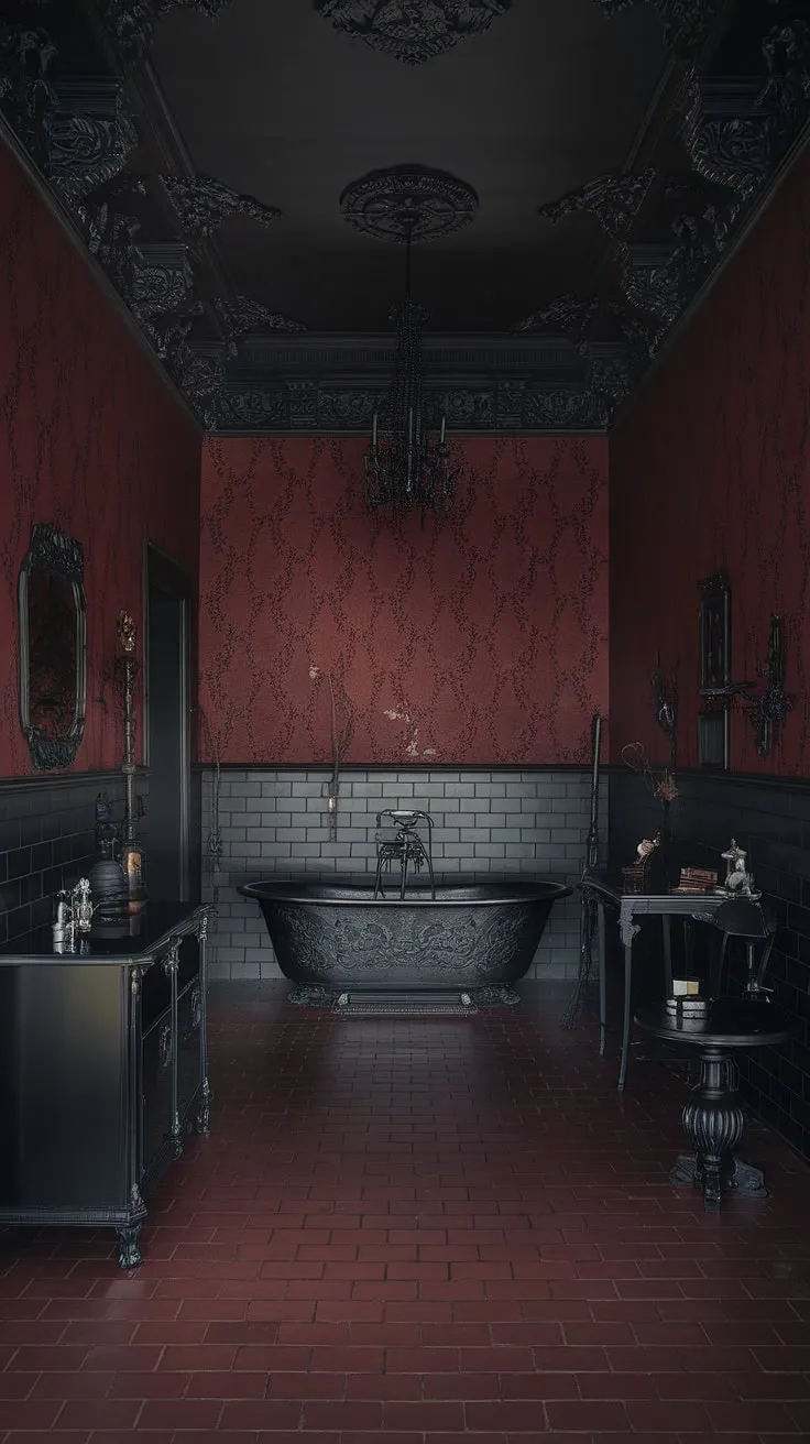 Indulge in the decadent allure of this gothic sanctuary. The deep crimson walls, ornate black moldings, and a freestanding tub of exquisite design create an atmosphere of unparalleled luxury and mystery. A haven for self-care, where every detail whispers of timeless elegance.