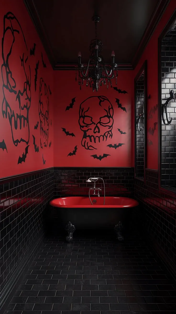 Indulge in the decadent darkness of this gothic sanctuary. A crimson bath awaits, under the watchful gaze of skeletal silhouettes and the ominous glow of a black chandelier. A truly unforgettable escape.