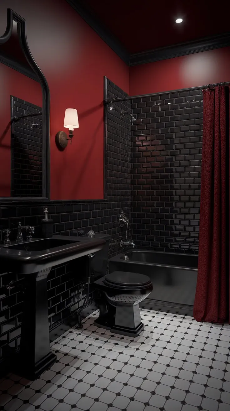 Indulge in the decadent drama of this gothic bathroom; the deep red walls, black fixtures, and checkered floor create a sanctuary of sophisticated darkness. A haven of brooding elegance, perfect for escaping the mundane. A truly unforgettable space.