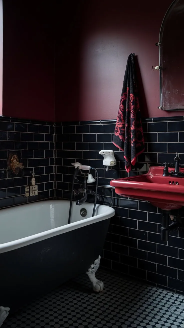 Sink into the seductive darkness of this gothic bathroom retreat. The rich color palette, antique fixtures, and meticulously chosen details-from the checkered floor to the dramatic towel-transform a simple bathroom into a captivating escape. A truly unique space for rejuvenation.