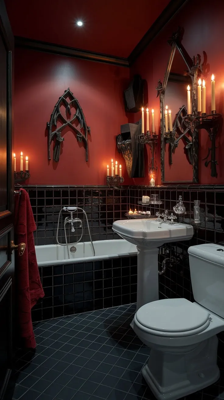 Bathed in the warm glow of candlelight, this gothic bathroom offers A truly unique escape. A haven of deep reds and brooding blacks, it's A testament to dramatic design and luxurious solitude. A perfect retreat for the soul.