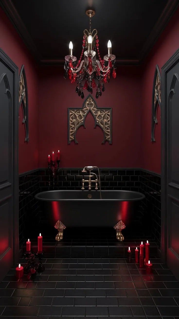 Bathe in the shadows of this darkly romantic bathroom. A symphony of rich reds, gleaming gold accents, and the dramatic glow of the chandelier transform this space into a haven of gothic elegance. A perfect retreat for the soul.