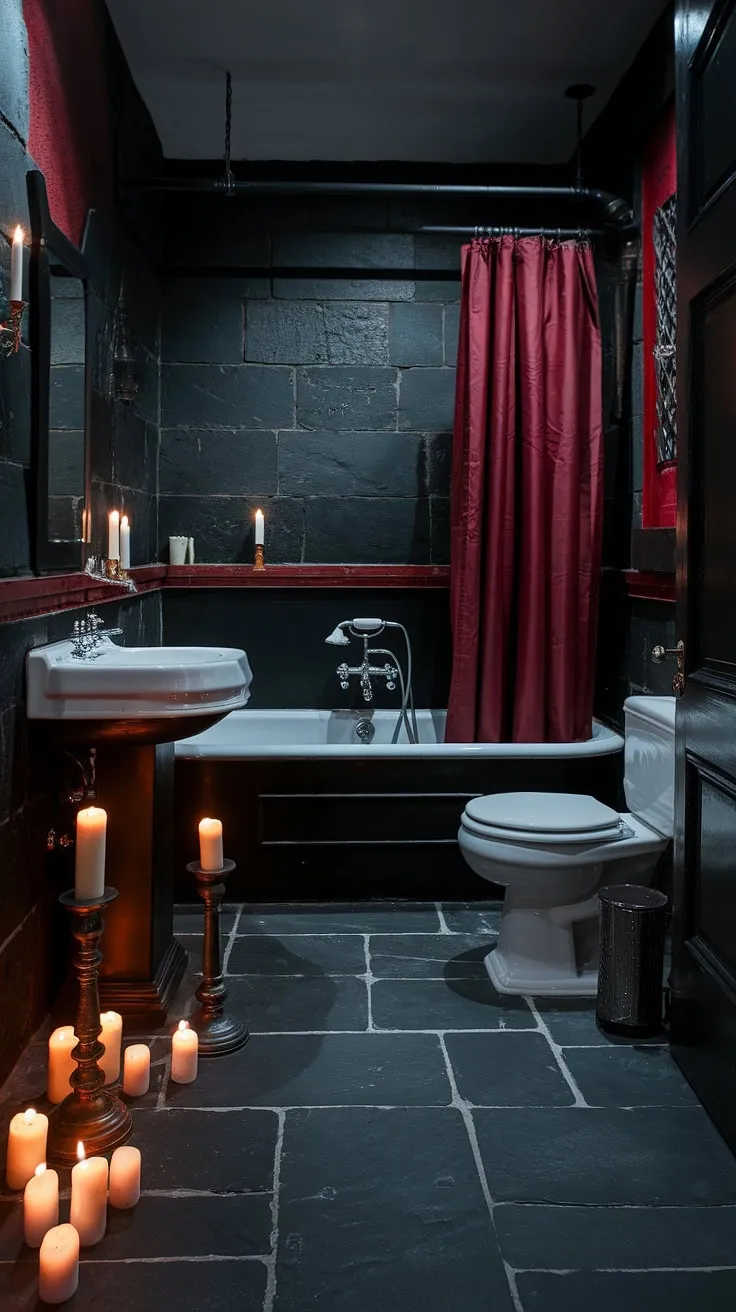 Sink into the shadows of this gothic bathroom, where black and red reign supreme. A place of quiet contemplation, a space designed for self-reflection. A testament to the beauty of darkness, this room offers a unique escape. A sanctuary of solitude and style.