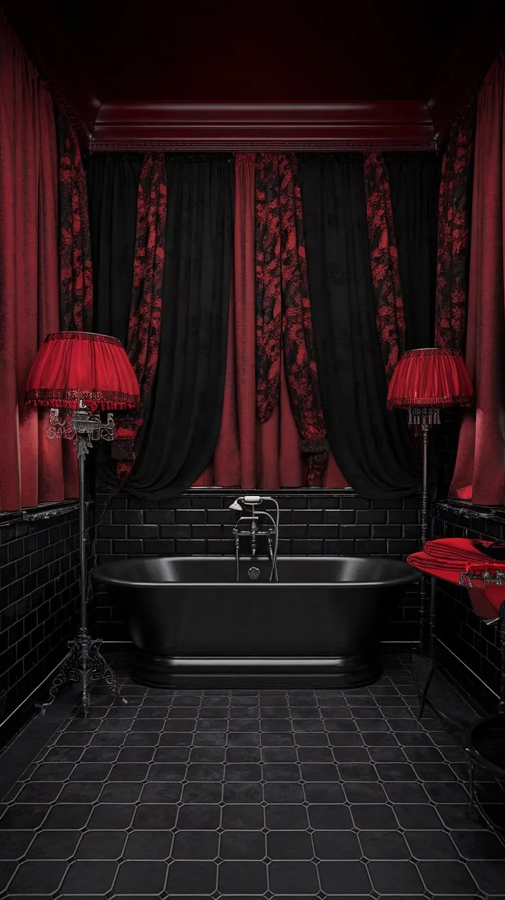Sink into the velvety darkness of this gothic masterpiece. A black freestanding tub takes center stage, bathed in the crimson glow of a dramatic lampshade. The rich textures and brooding atmosphere create a space where relaxation meets theatrical elegance; a truly unforgettable escape.