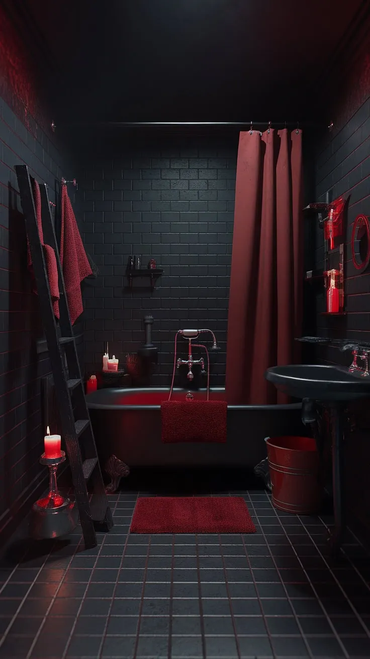 Immerse yourself in the darkly romantic ambiance of this gothic bathroom. The deep crimson of the water, juxtaposed against the stark black of the room, creates a scene of captivating mystery. A A space where shadows dance and secrets are whispered.