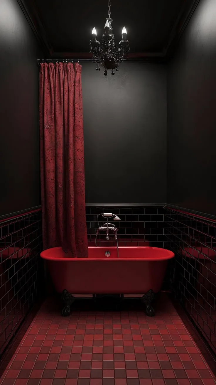 Indulge in the decadent darkness of this gothic sanctuary. Crimson tiles meet obsidian walls, creating a dramatic backdrop for a luxurious soak. A single black chandelier casts an ethereal glow, enhancing the opulent atmosphere. A truly unforgettable escape.