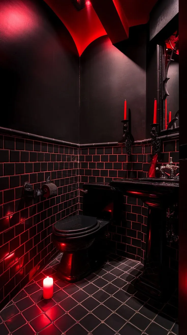 The deep black of the walls and sink contrasts sharply with the fiery red tiles and lighting, creating a dramatic and alluring atmosphere. A solitary candle casts a warm, yet unsettling, light, adding to the overall sense of gothic grandeur and mysterious allure. This is not just a bathroom; it's an experience.
