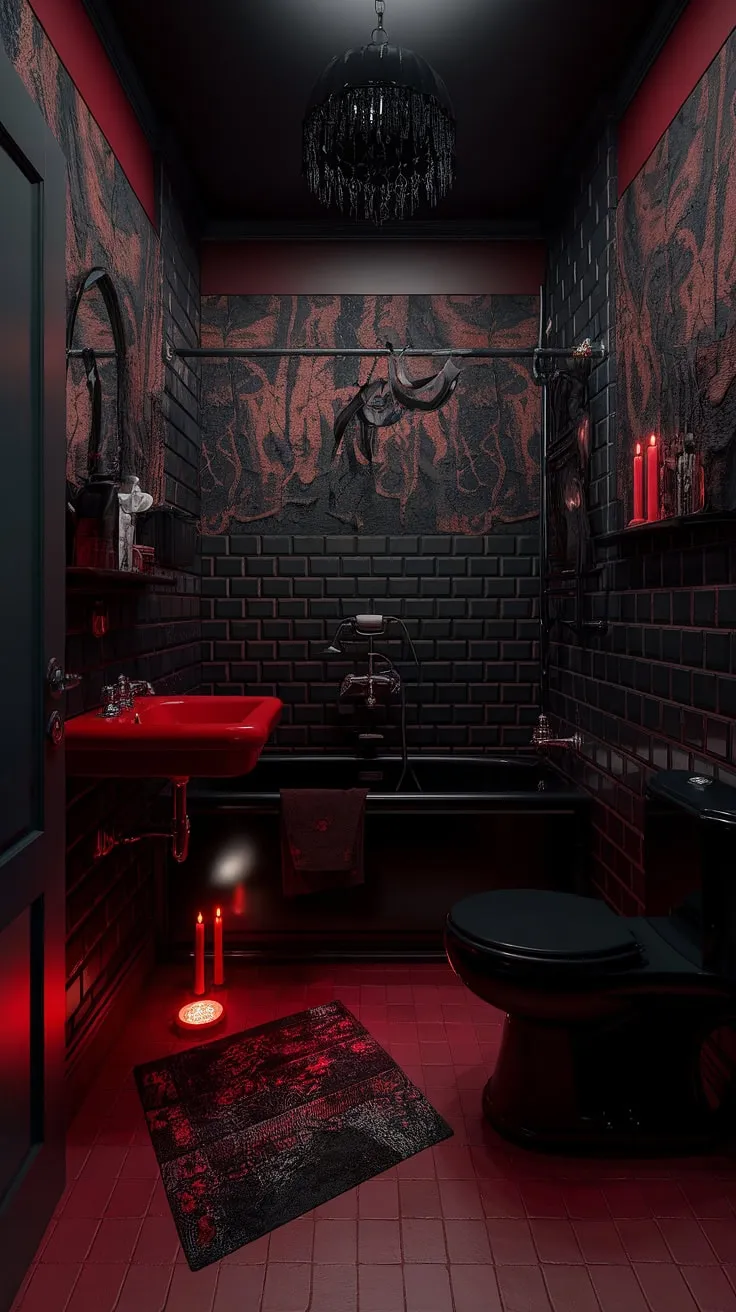 Indulge in the decadent darkness of this gothic sanctuary. Crimson accents bleed into obsidian walls, creating a space where shadows dance and the night finds its truest expression. A haven for those who embrace the allure of the mysterious.