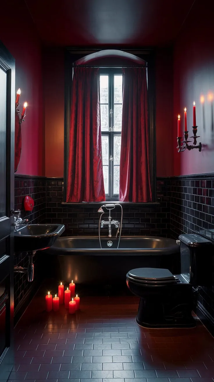 Indulge in the decadent darkness of this gothic bathroom. Deep red hues and black accents create a captivating ambiance, perfect for those who appreciate the allure of the mysterious. The flickering light above the tub casts an ethereal glow, while the red candles add a touch of dramatic flair to this sanctuary of solitude.