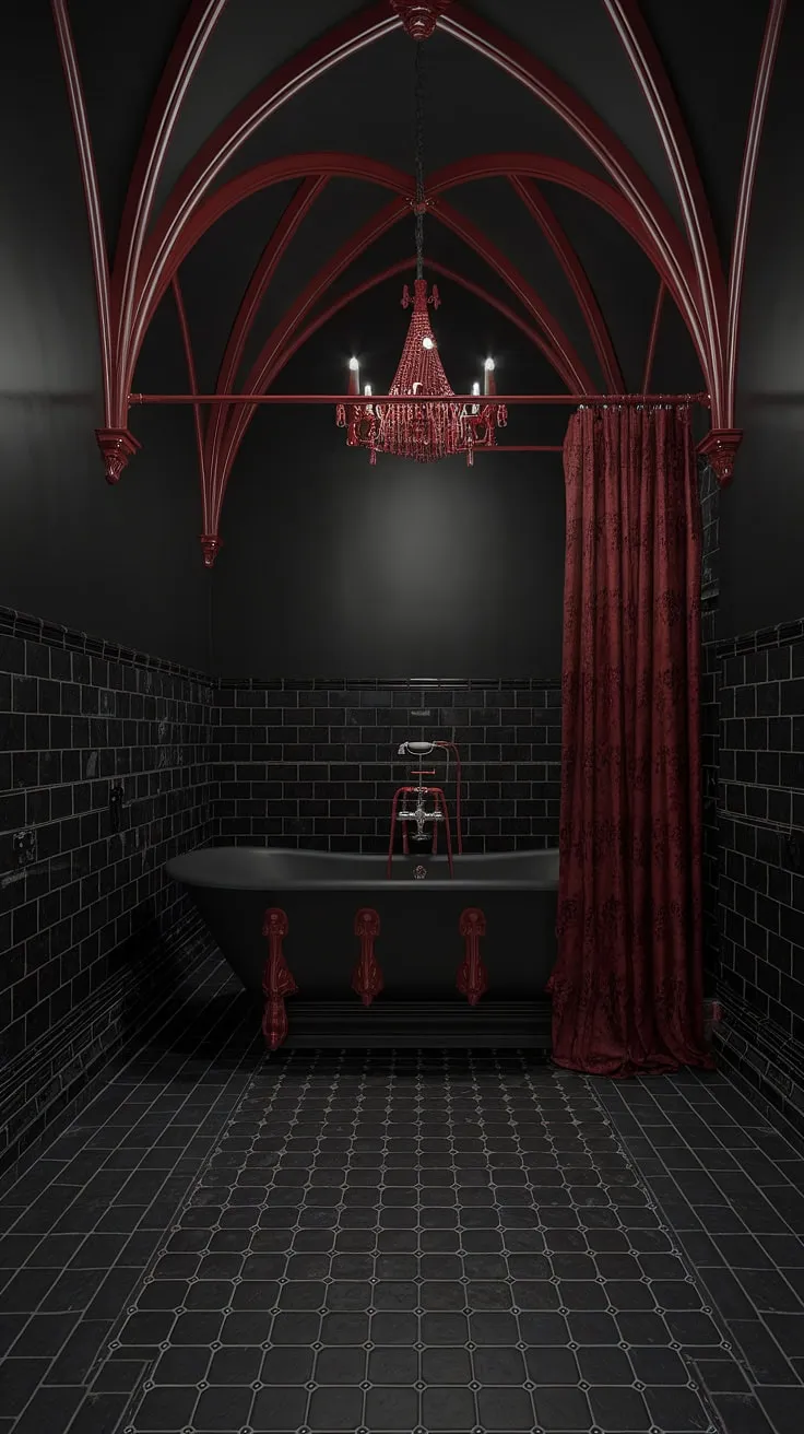 Sink into the seductive embrace of this gothic bathroom. The interplay of black and red, from the striking chandelier to the meticulously detailed tub, evokes a sense of opulent rebellion. A space where darkness reigns supreme, yet feels undeniably inviting.