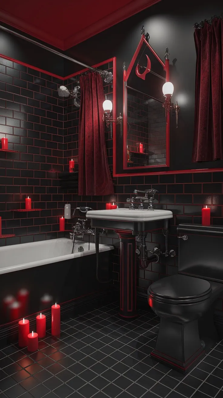 Indulge in the decadent allure of this gothic sanctuary. The crimson accents and black fixtures create a dramatic atmosphere, perfect for a luxurious and intensely private escape. A haven of dark romance, where every detail whispers of mystery and intrigue. A truly unforgettable bathing experience awaits.