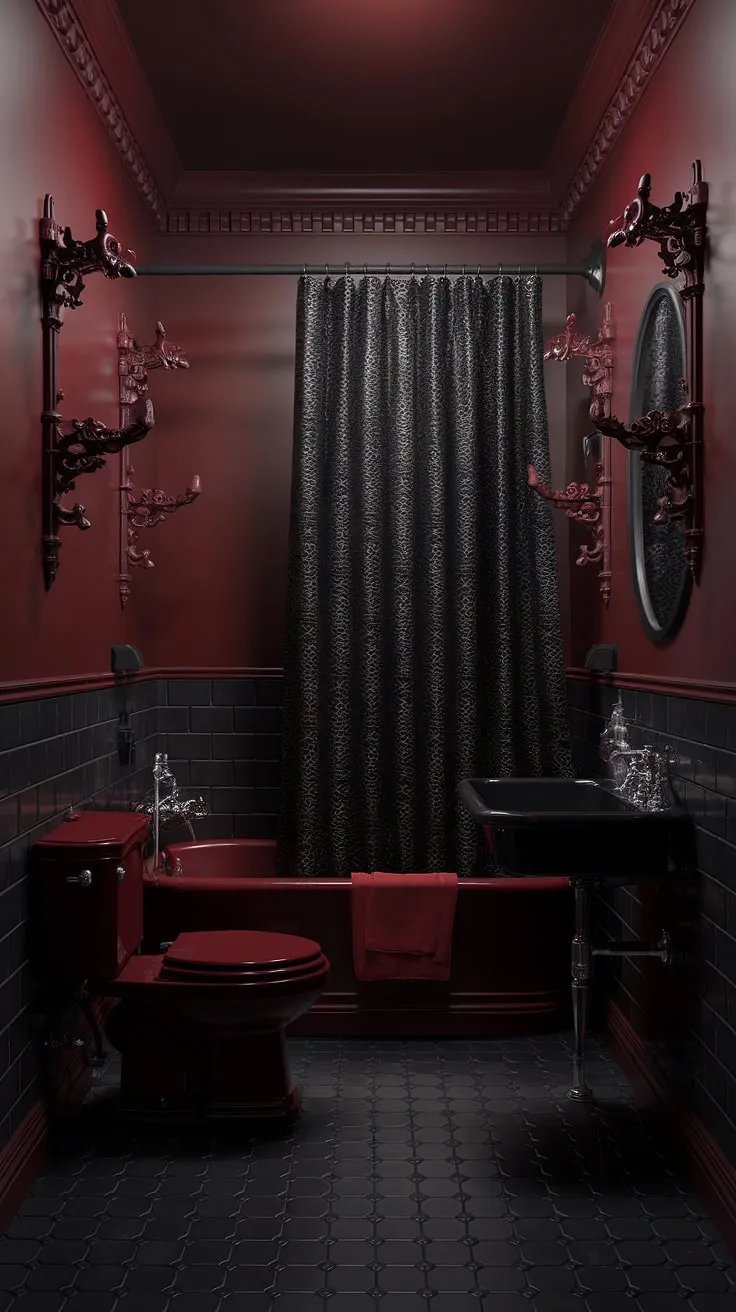 Step into a world of gothic grandeur. A symphony of deep reds and blacks, this bathroom is a testament to timeless style. The vintage clawfoot tub and ornate details create an atmosphere of luxurious mystery; a truly unforgettable escape.