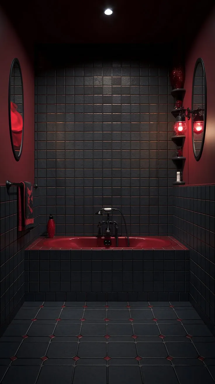 Indulge in the decadent allure of this gothic sanctuary. The deep crimson bath, accented by obsidian fixtures and a brooding atmosphere, promises a luxurious escape. A haven of dark romance, where every detail whispers of opulent mystery.
