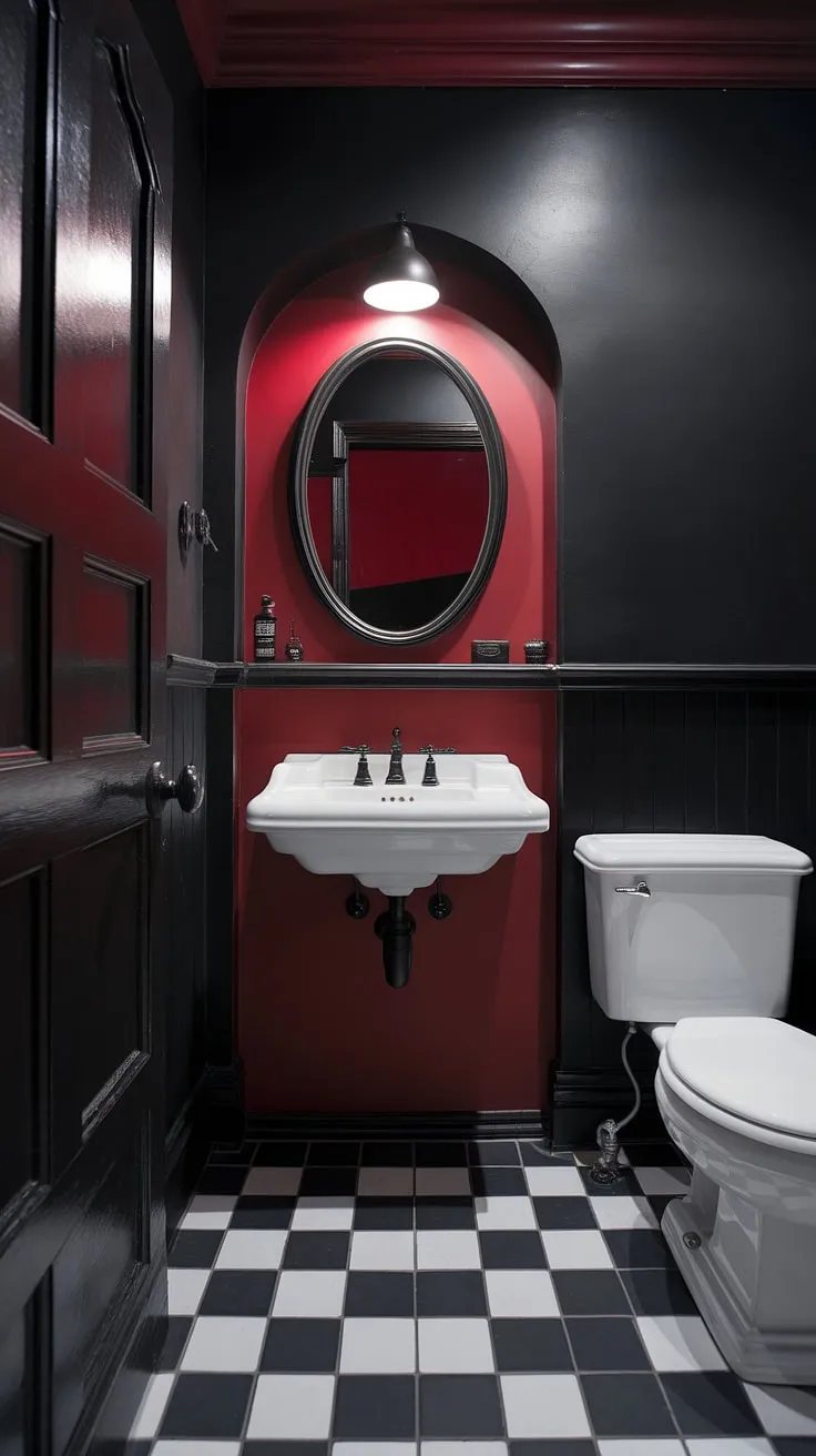 A dramatic contrast of dark red accents against stark black and white creates an unexpectedly elegant gothic bathroom. The checkered floor and crisp white fixtures add a touch of unexpected whimsy to this brooding space.