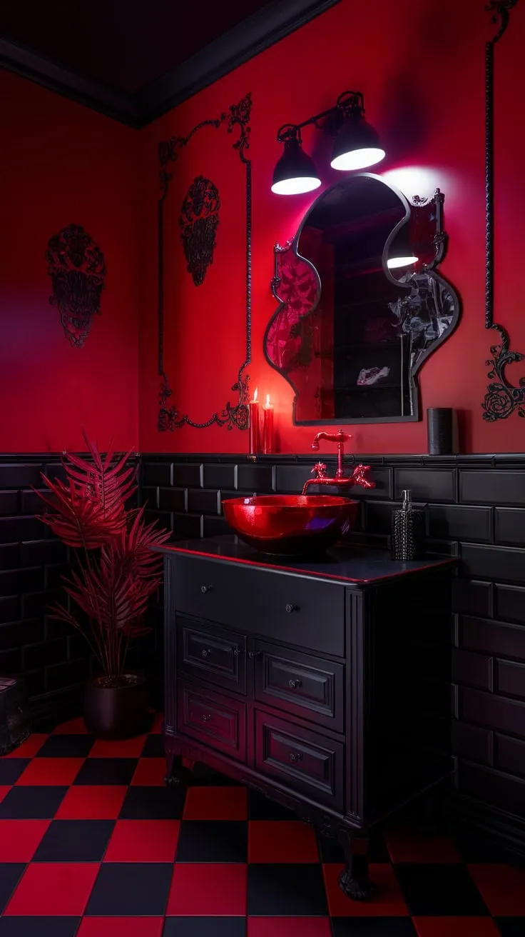 Step into a realm of gothic grandeur. This bathroom, with its rich red and black palette, is a testament to opulent darkness. The red sink, black vanity, and dramatic lighting create a captivating ambiance, a place of both brooding beauty and unexpected serenity. A truly unforgettable escape.
