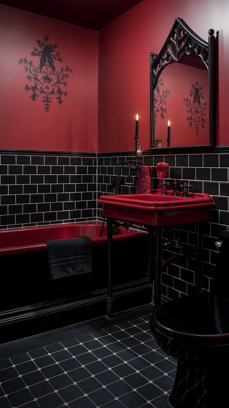 Sink into the crimson embrace of this gothic bathroom. The rich textures and dramatic color palette-a symphony of black and red-transform a simple space into a captivating retreat. A place where luxury meets the macabre.