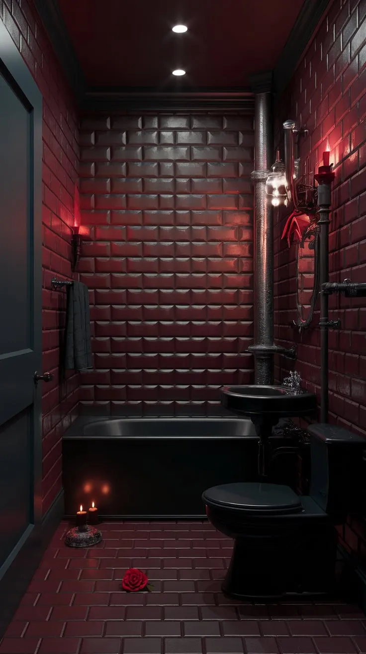 Sink into the crimson depths of this vampire-inspired bathroom. The rich textures and moody lighting create a haven of gothic elegance, where every detail whispers tales of mystery and allure. A truly unforgettable experience.