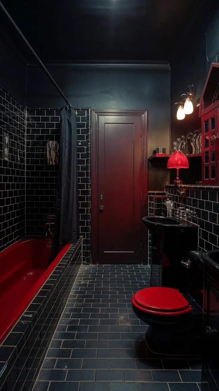 Indulge in the decadent darkness of this gothic sanctuary. The crimson bathtub, a stark contrast against the obsidian walls, promises a luxurious escape. A symphony of black and red, this bathroom is a testament to dramatic design.
