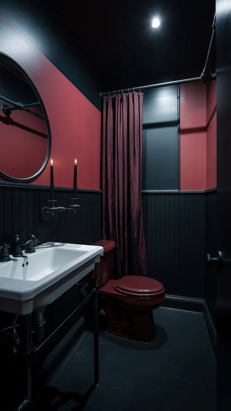 Indulge in the darkly romantic ambiance of this gothic bathroom. The deep crimson and ebony hues, accented by the stark white sink and flickering candlelight, create a sanctuary of sophisticated mystery. A perfect escape for those who appreciate the dramatic.