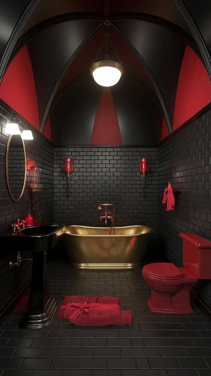 Indulge in the decadent drama of this gothic-inspired bathroom. The rich red brick walls, brass fixtures, and deep black accents create a space of opulent mystery, a sanctuary where luxury meets darkness. A truly unforgettable escape.