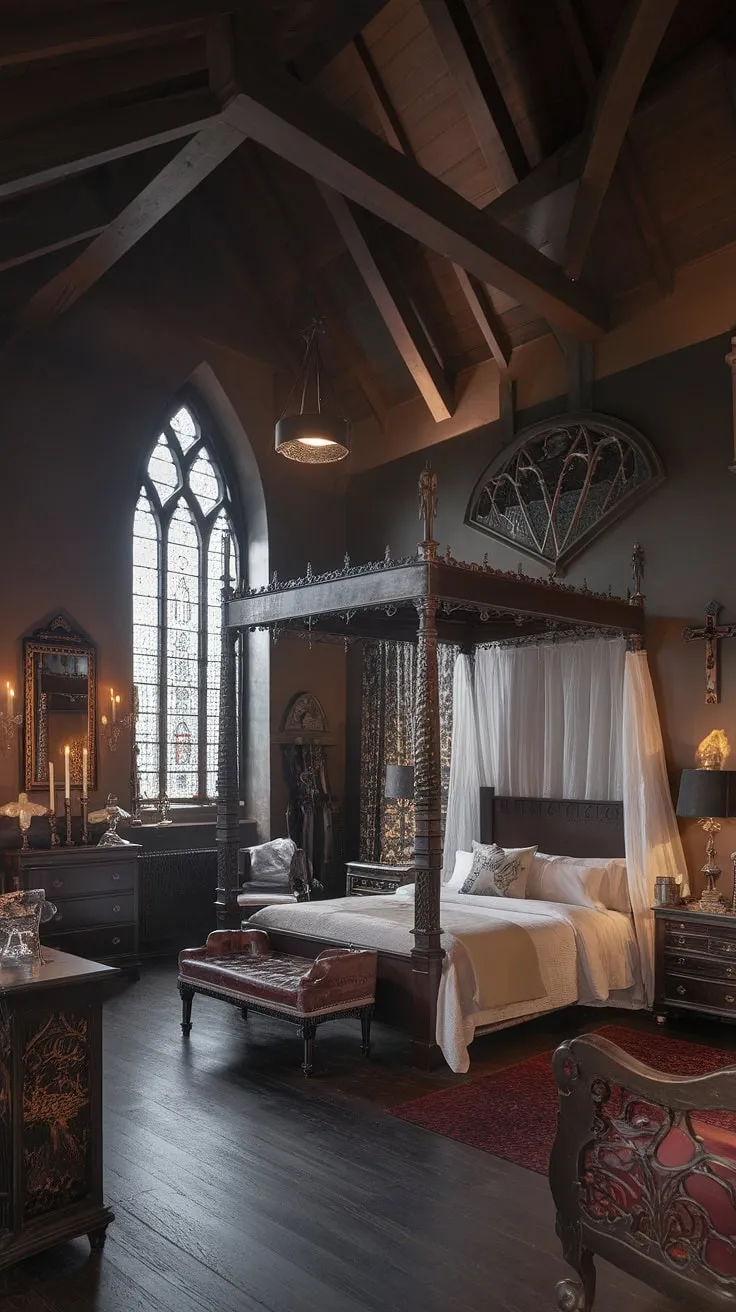 Lost in the shadows of this gothic sanctuary, where moonlight filters through stained glass, painting the room in ethereal hues. The four-poster bed, a haven of dark wood and white linen, beckons with promises of restful slumber. A sense of mystery and quiet grandeur permeates every corner, a testament to the beauty of the dimly lit, the aged, and the undeniably a alluring.