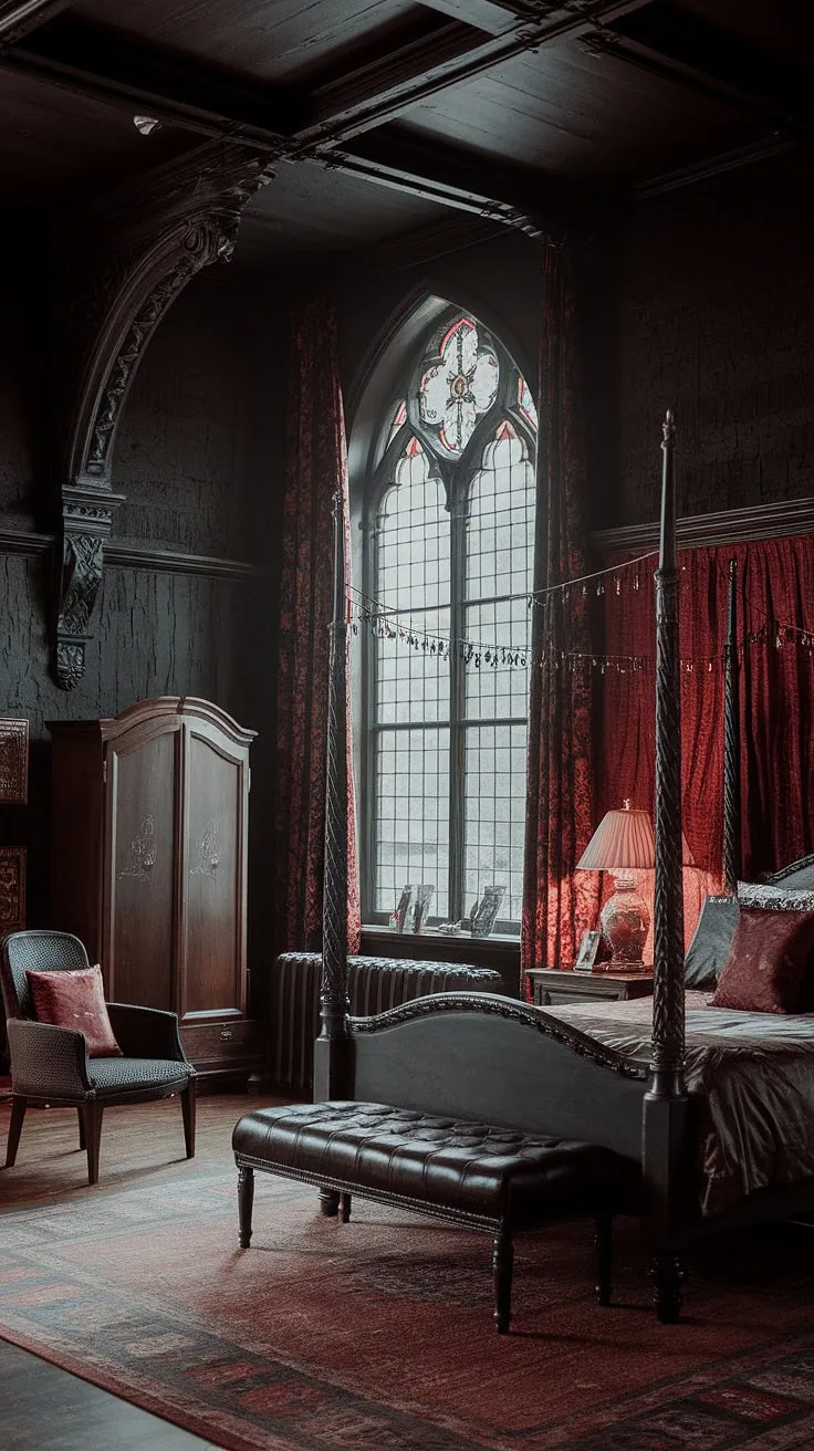 This Victorian gothic chamber, with its towering four-poster bed and ornate details, invites a slumber steeped in fantasy. The rich textures and deep hues create an atmosphere of captivating allure, a place where reality blurs with the enigmatic. A haven of quiet contemplation.