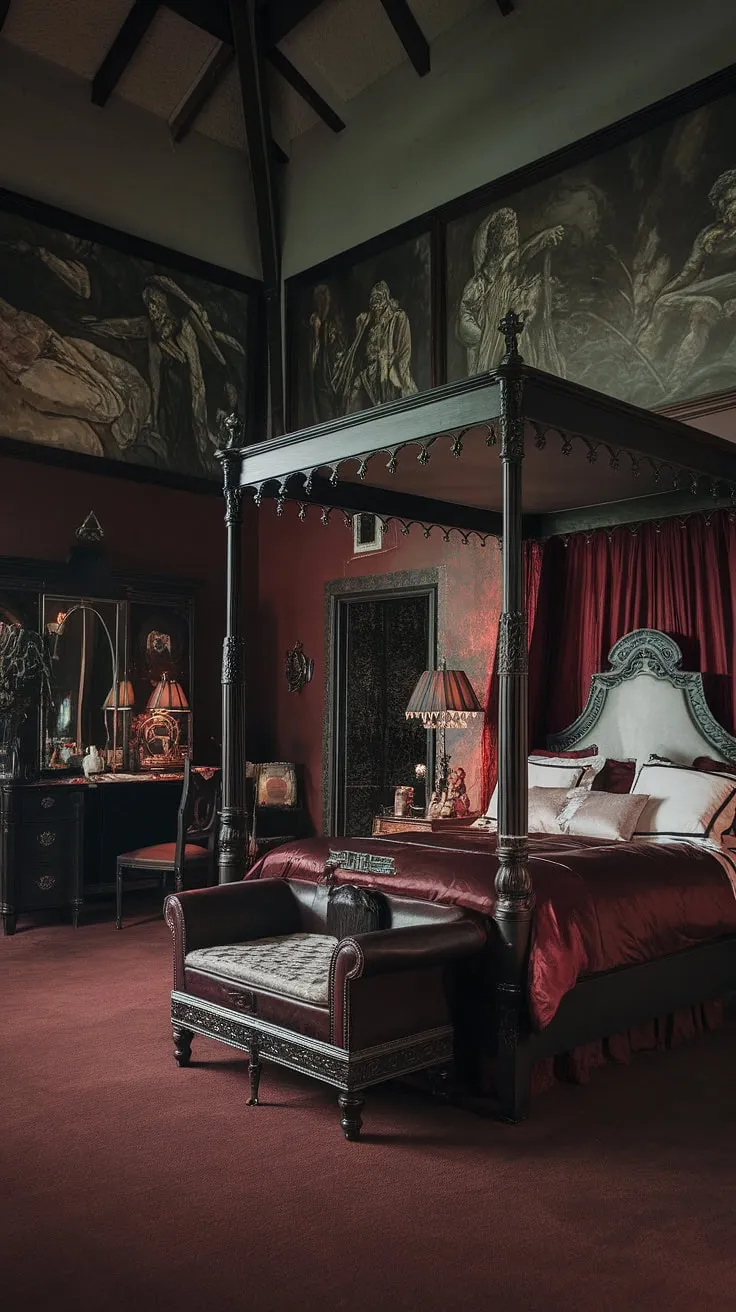 Lost in the shadows of a Victorian dream, where crimson carpets whisper secrets and the four-poster bed awaits a slumber steeped in gothic romance. A sanctuary of dark elegance, this room breathes history.
