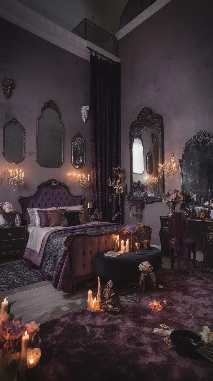 This darkly romantic bedroom, a testament to gothic grandeur, invites you to surrender to its alluring embrace. A symphony of deep purples and antique treasures, it's a space where dreams are spun from shadows and secrets. A truly unforgettable retreat.