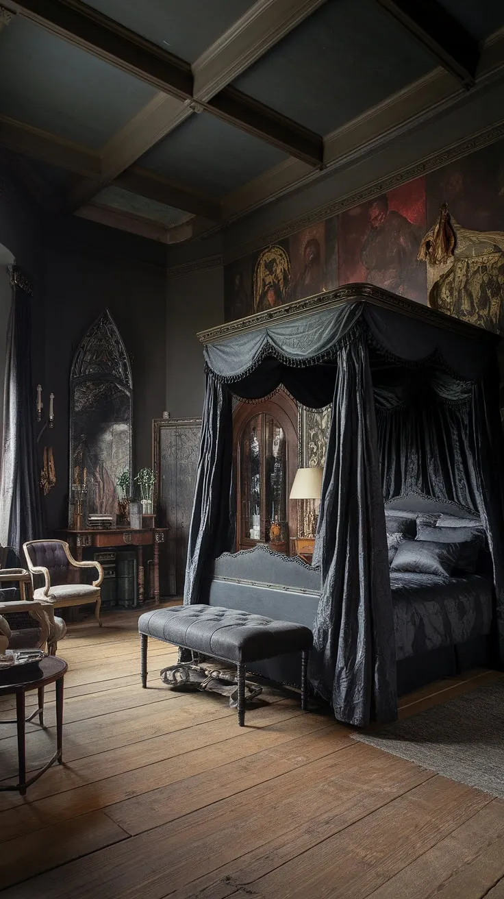 This gothic Victorian bedroom, a sanctuary of dark romance, invites you to lose yourself in its rich textures and moody ambiance. The high ceilings, ornate details, and antique furnishings create an atmosphere of timeless elegance and mysterious allure. A truly captivating escape.
