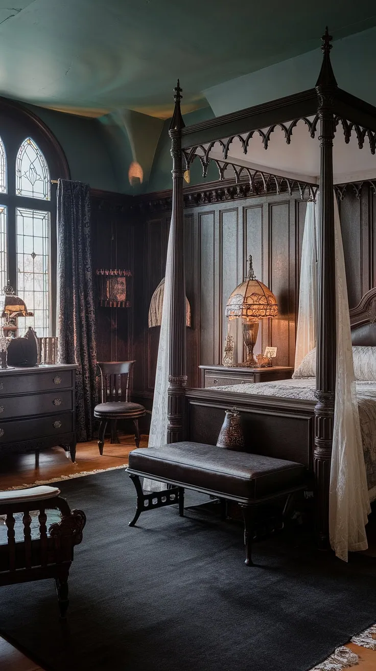Lost in the opulent shadows of this Victorian gothic bedroom. The intricate details, from the dark wood furniture to the ethereal canopy bed, whisper tales of a bygone era. A space where history and haunting beauty intertwine.