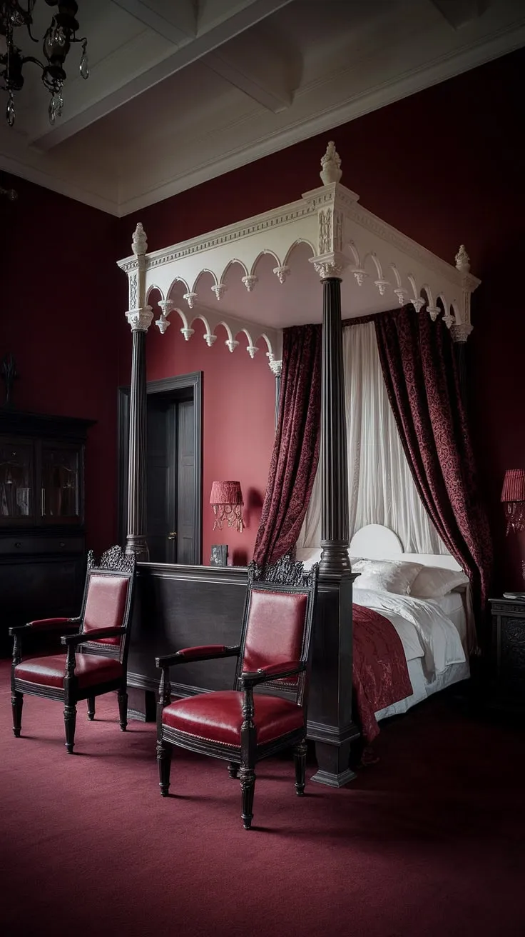 Crimson walls and shadowed corners tell a tale of bygone elegance. A four-poster bed, draped in rich fabrics, beckons with promises of restful slumber. This gothic Victorian bedroom is a testament to timeless beauty, a space where history and imagination intertwine. A place of captivating allure.