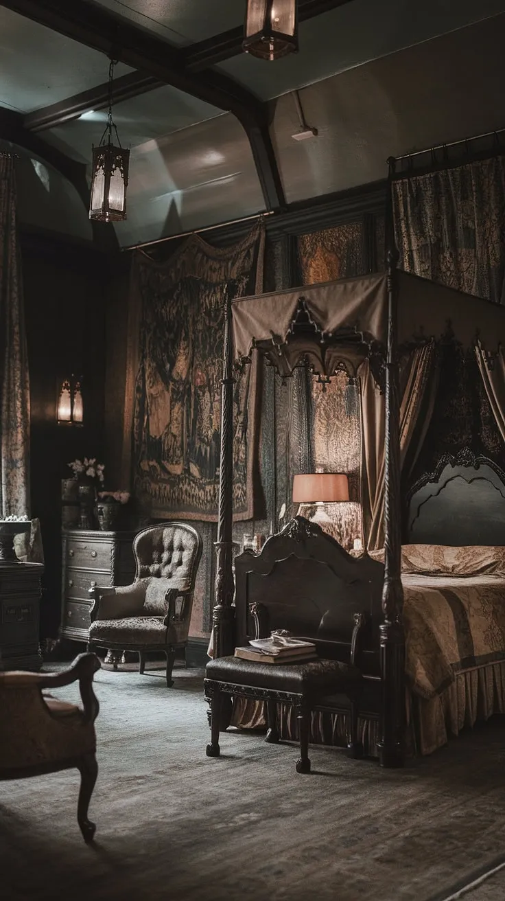 Lost in the opulent shadows of a Victorian gothic bedroom, where time seems to stand still. The heavy drapes, ornate furniture, and flickering lantern light create an atmosphere of captivating mystery. A sanctuary of dark romance, this room whispers tales of forgotten elegance.