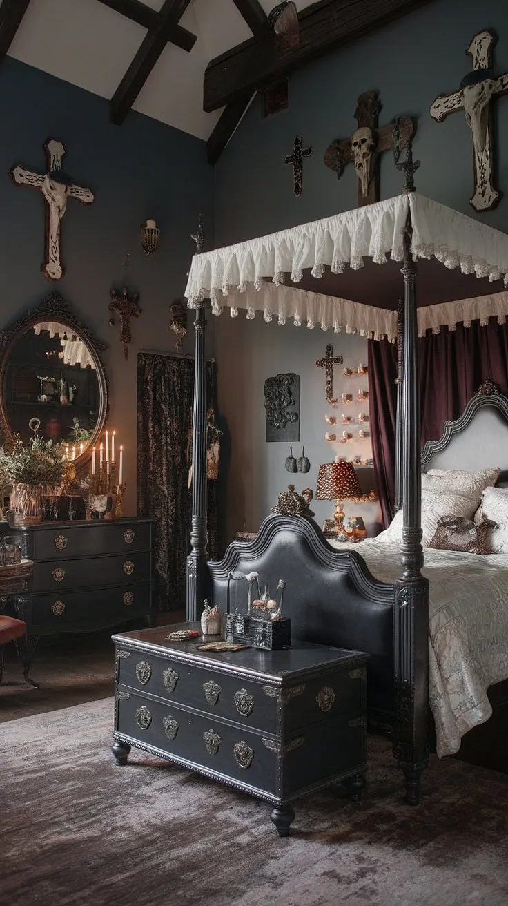This gothic haven whispers tales of forgotten loves and shadowed secrets. The four-poster bed, draped in white, offers a stark contrast to the dark wood and macabre accents. A place where dreams and nightmares intertwine, a sanctuary of solitude and reflection. A truly captivating space.